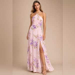 Lulus Romantic Marvel Floral Print Halter Neck Maxi Dress Size XL NWT
